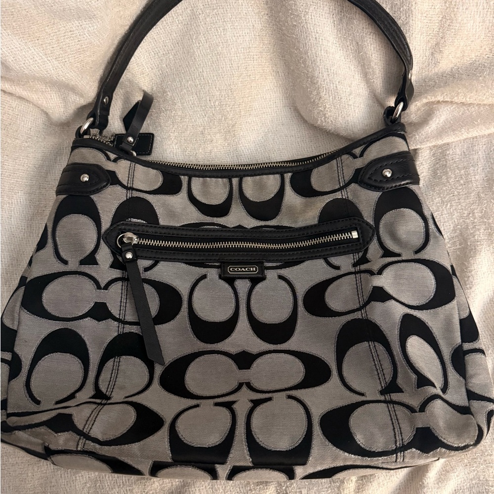 Coach Black and Gray Shoulder Bag with Signature Monogram